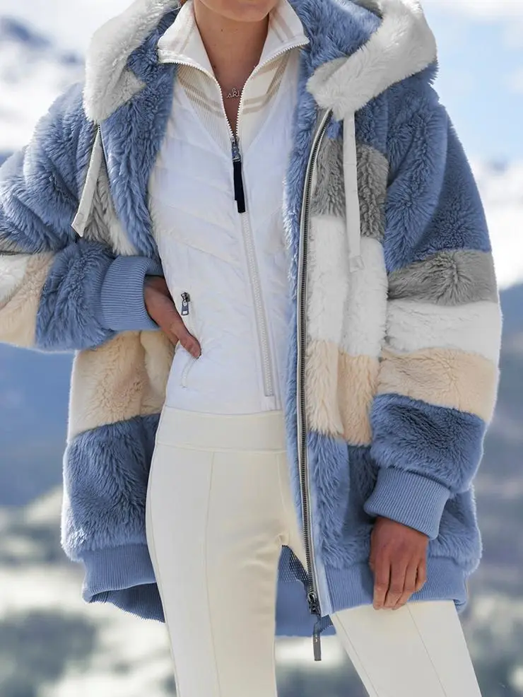 Women Hooded Plush Coat Green White Patchwork Zipper - Image 6