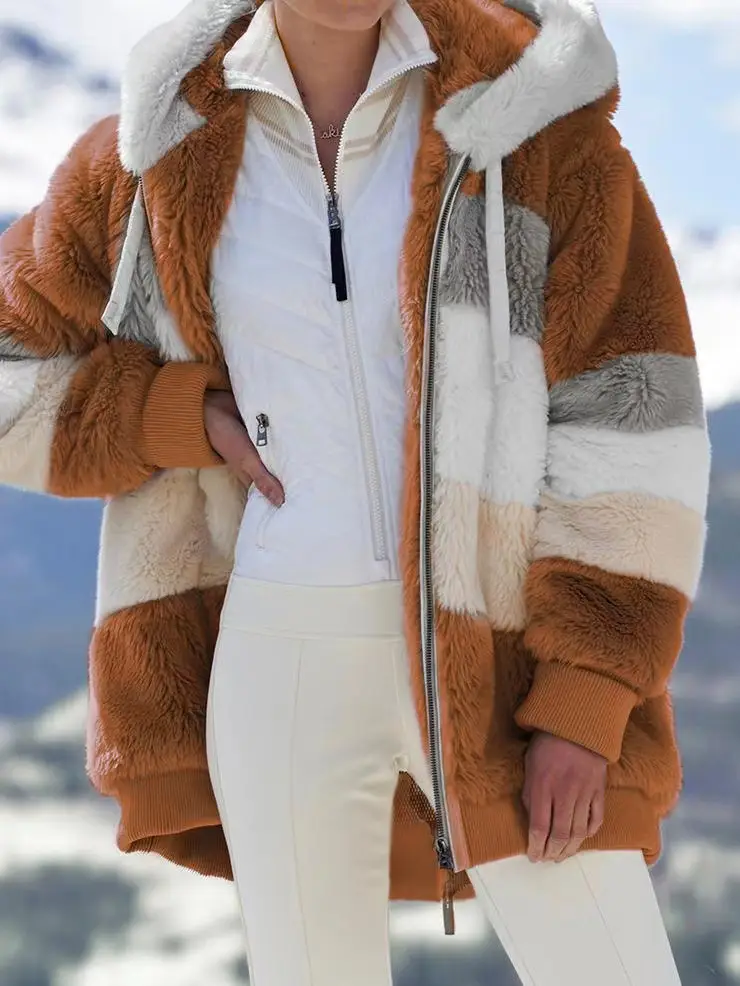Women Hooded Plush Coat Green White Patchwork Zipper - Image 7