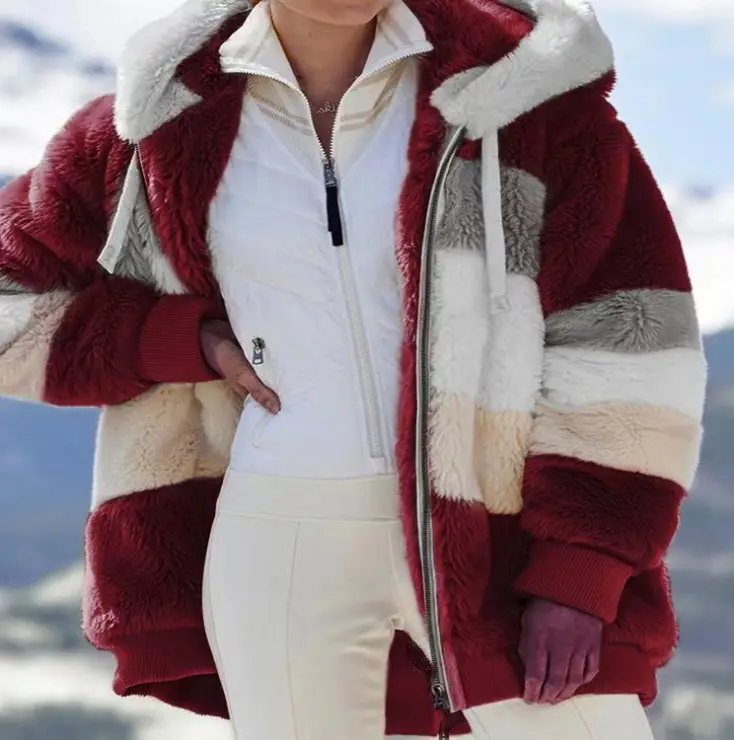 Women Hooded Plush Coat Green White Patchwork Zipper - Image 9