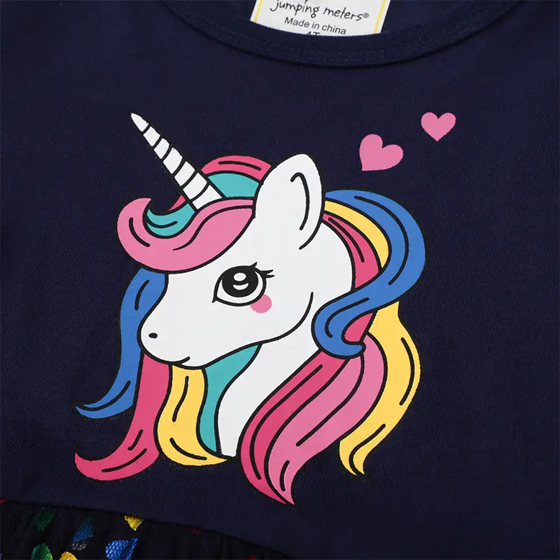Girls Unicorn Princess Dress Navy Mesh Long Sleeve