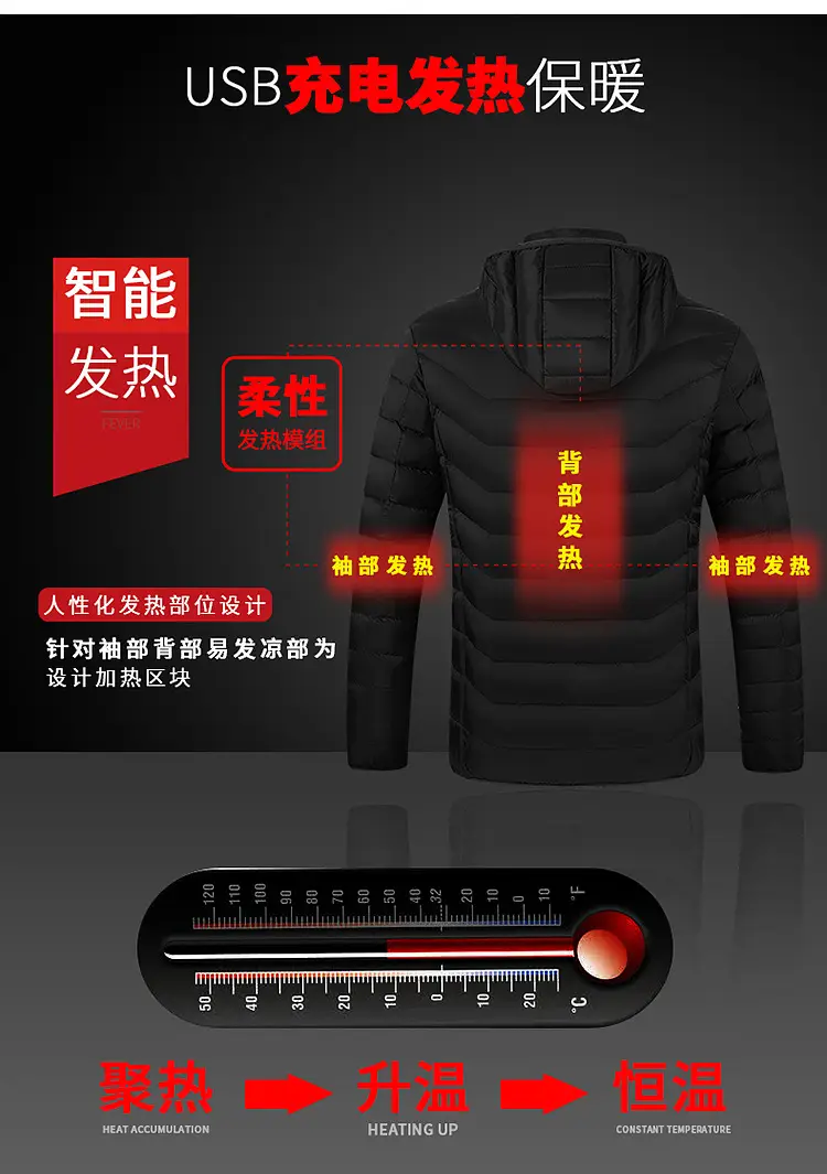 Smart Electric Heating Cotton Coat for Men Black Orange — feature 18