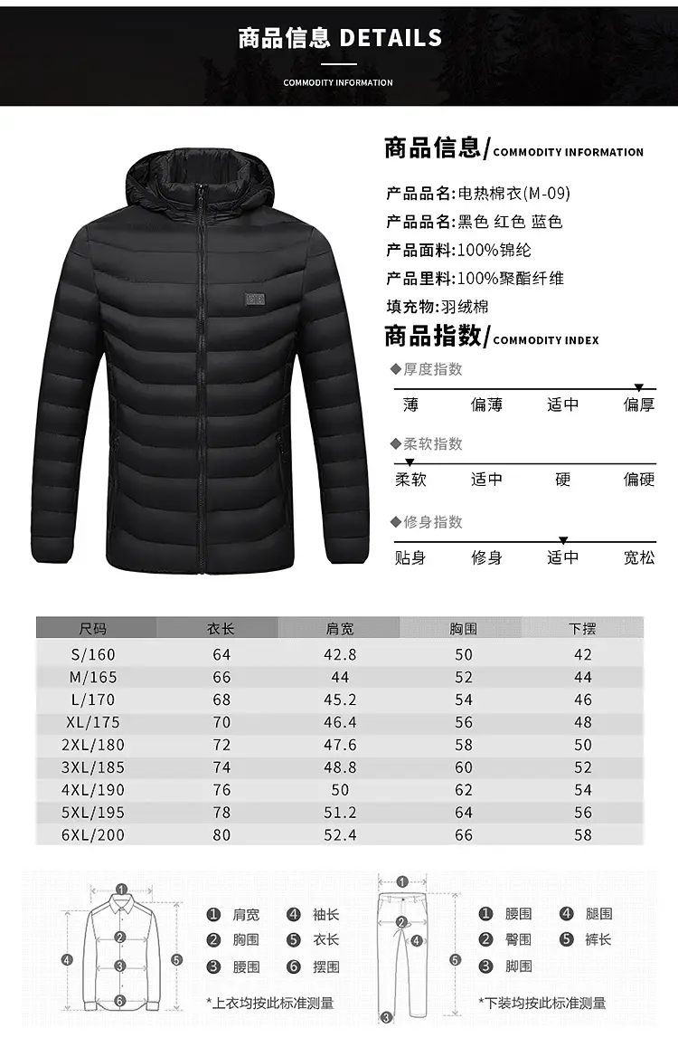 Smart Electric Heating Cotton Coat for Men Black Orange — feature 25