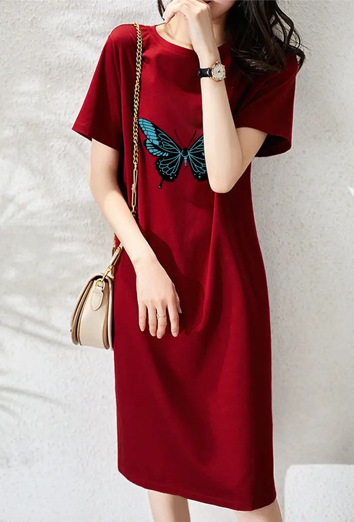 Women Printed Butterfly T-shirt Dress Red Mid-Length Casual - Image 5