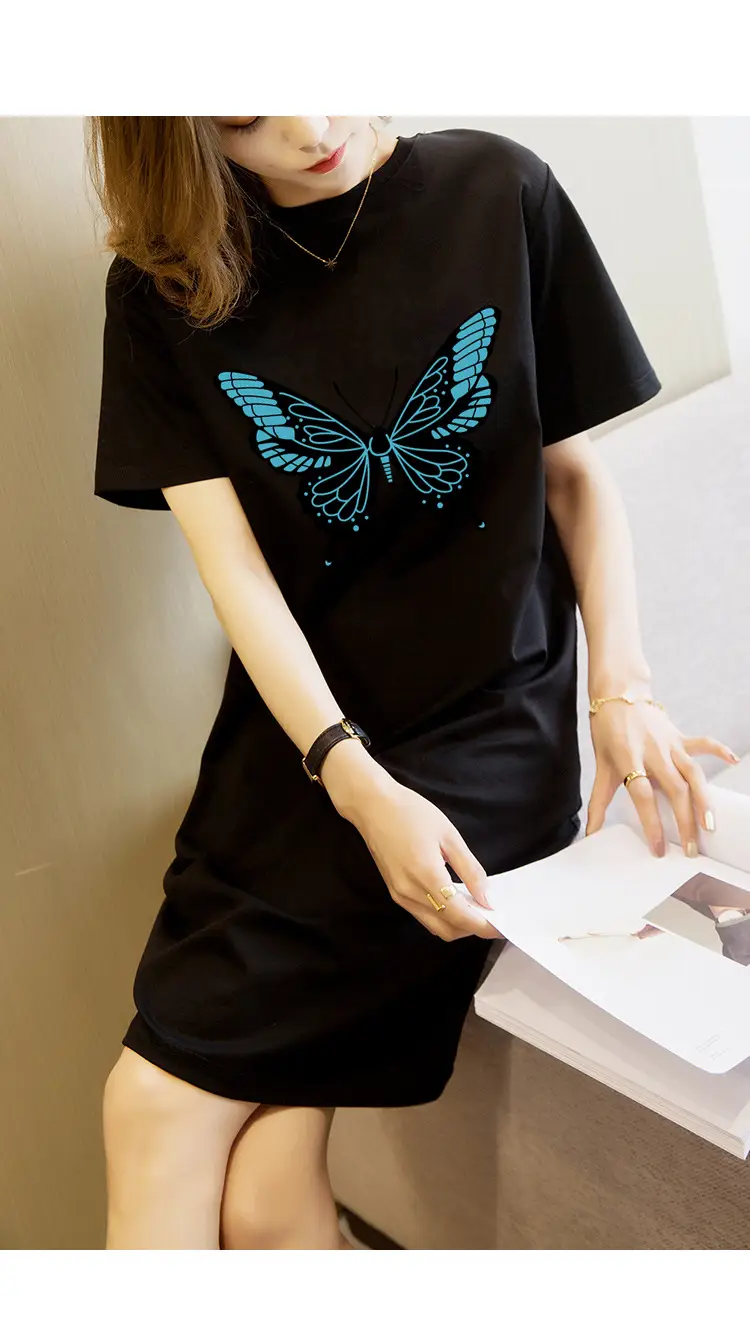Women Printed Butterfly T-shirt Dress Red Mid-Length Casual - Image 6