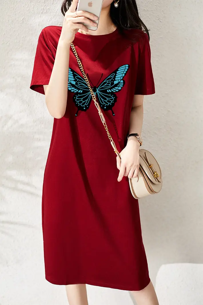 Women Printed Butterfly T-shirt Dress Red Mid-Length Casual — feature 2