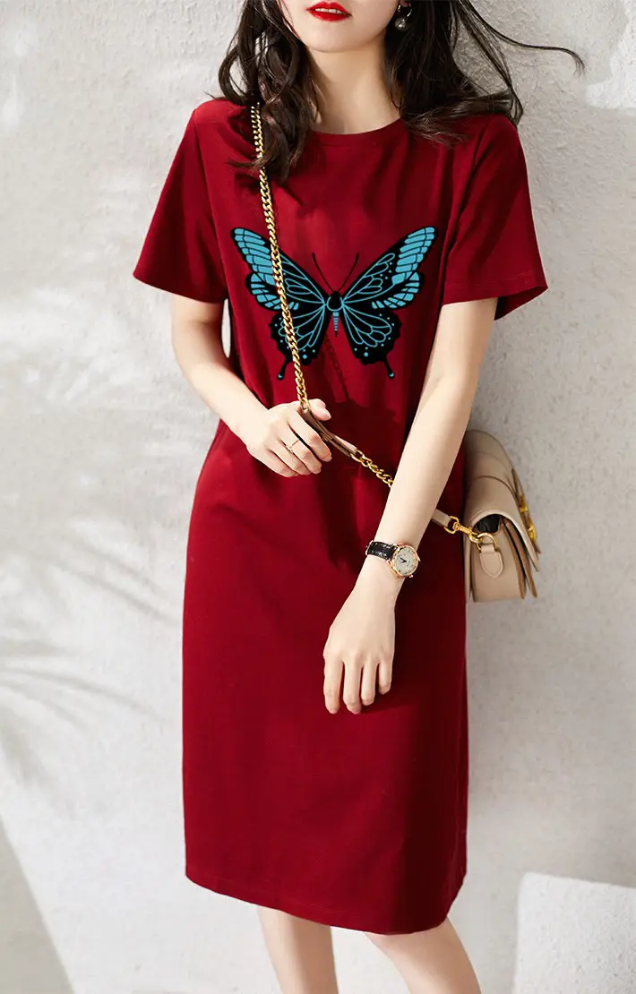 Women Printed Butterfly T-shirt Dress Red Mid-Length Casual — feature 3