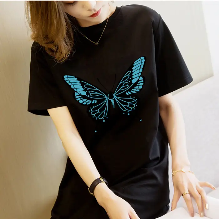 Women Printed Butterfly T-shirt Dress Red Mid-Length Casual - Image 2
