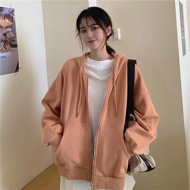 Women Black Cotton Hoodie Long Sleeve Zipper Winter Wear - Image 2