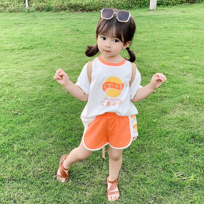 100 Cotton Summer Kids Shorts Set Orange White