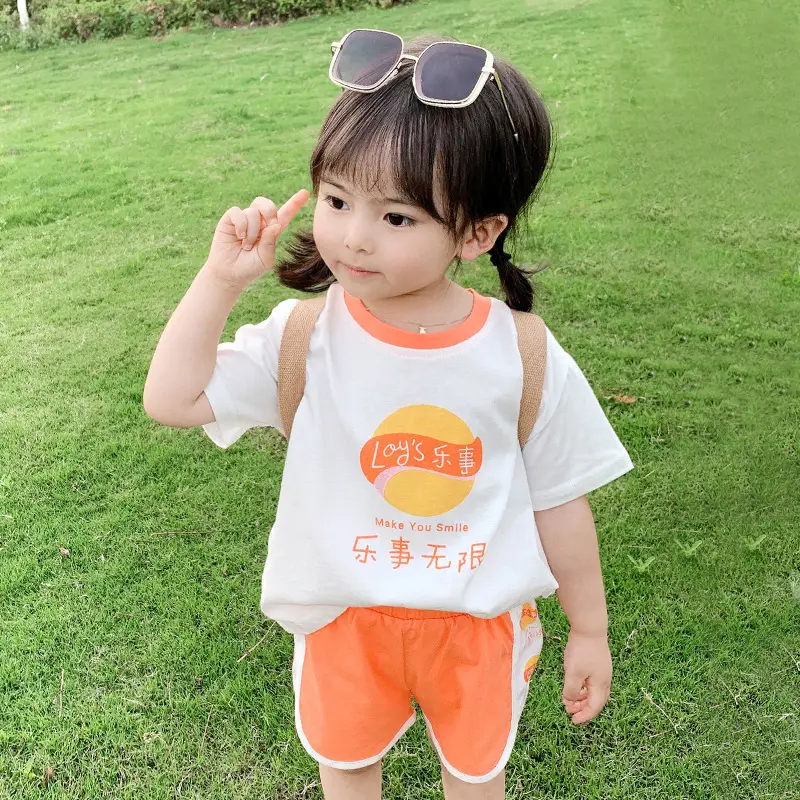 100 Cotton Summer Kids Shorts Set Orange White