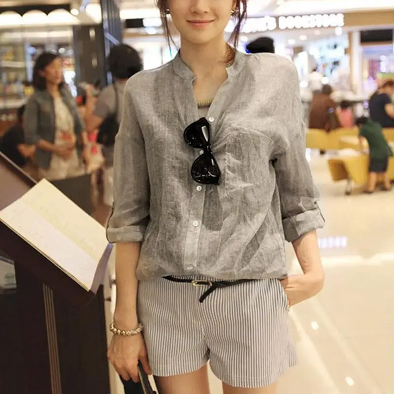 Women Linen 3Q Sleeve Shirt Shorts Set Summer - Image 2