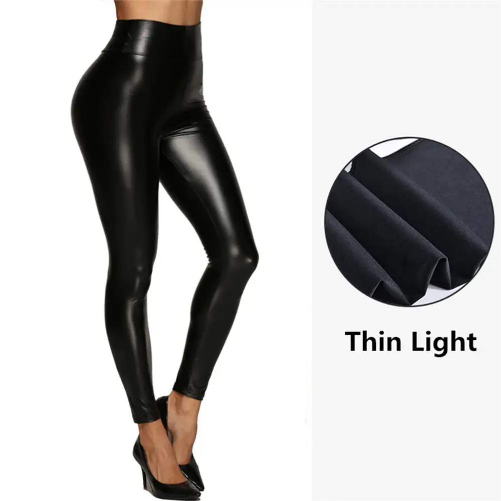 Women's Black Leather High Waist Leggings with Thickened Light - Image 6