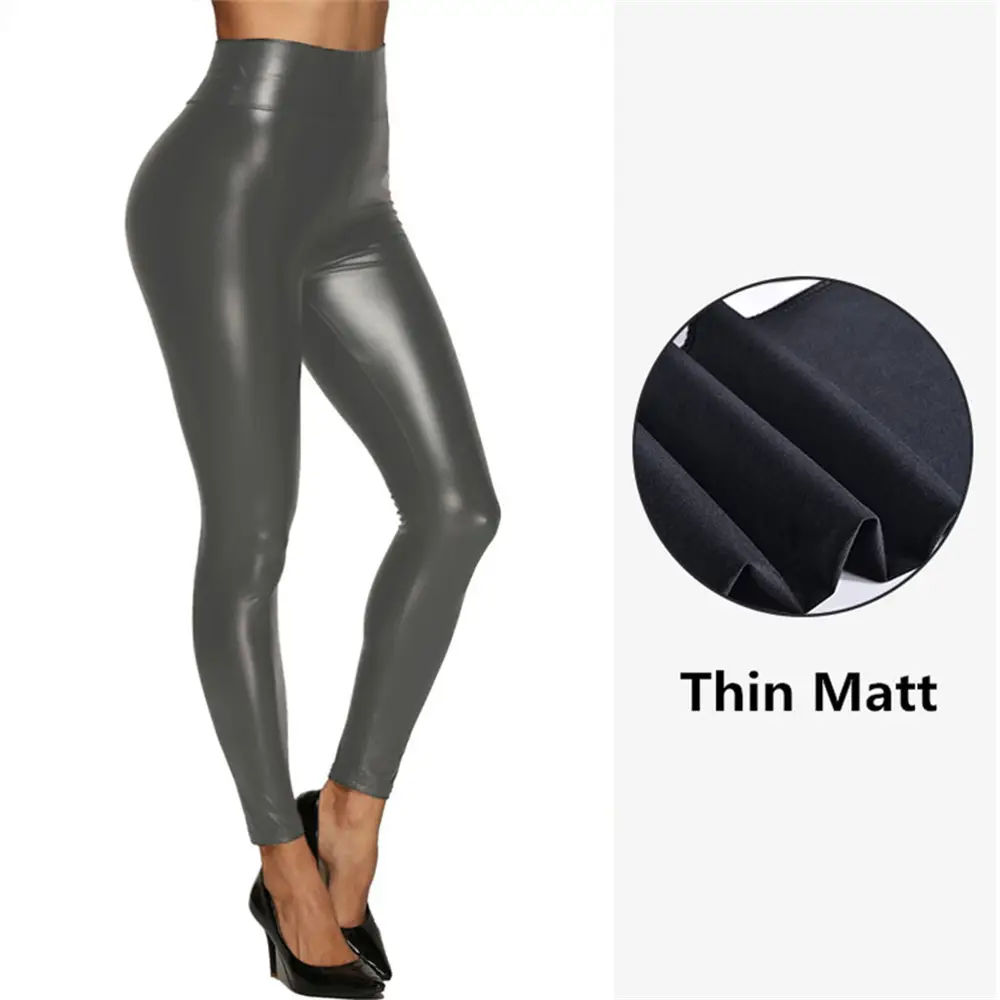 Women's Black Leather High Waist Leggings with Thickened Light - Image 8