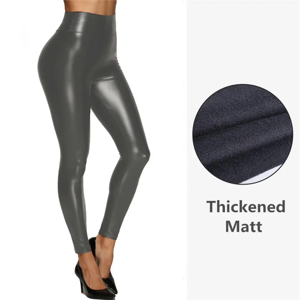 Women's Black Leather High Waist Leggings with Thickened Light - Image 9