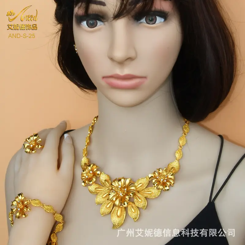 Cross-Border Dubai Middle Eastern Jewelry Set Bride Wedding Necklace Ring Earrings Bracelet Four-Piece Set Jewelry Wholesale