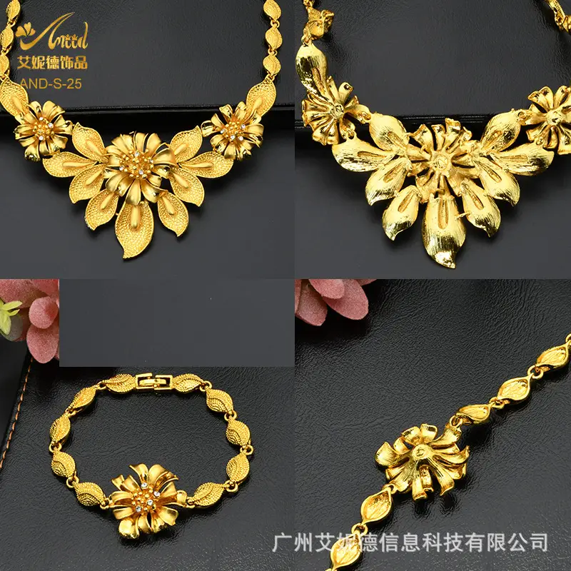 Cross-Border Dubai Middle Eastern Jewelry Set Bride Wedding Necklace Ring Earrings Bracelet Four-Piece Set Jewelry Wholesale