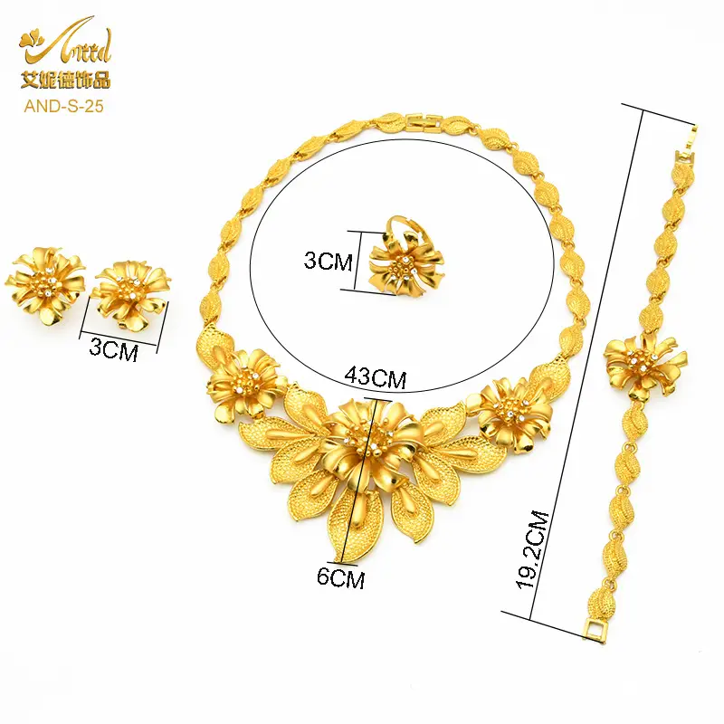 Cross-Border Dubai Middle Eastern Jewelry Set Bride Wedding Necklace Ring Earrings Bracelet Four-Piece Set Jewelry Wholesale