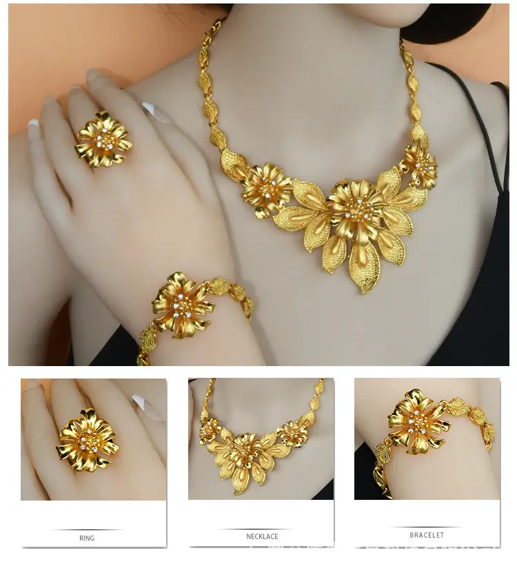Cross-Border Dubai Middle Eastern Jewelry Set Bride Wedding Necklace Ring Earrings Bracelet Four-Piece Set Jewelry Wholesale — feature 10