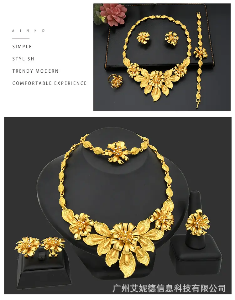 Cross-Border Dubai Middle Eastern Jewelry Set Bride Wedding Necklace Ring Earrings Bracelet Four-Piece Set Jewelry Wholesale — feature 11