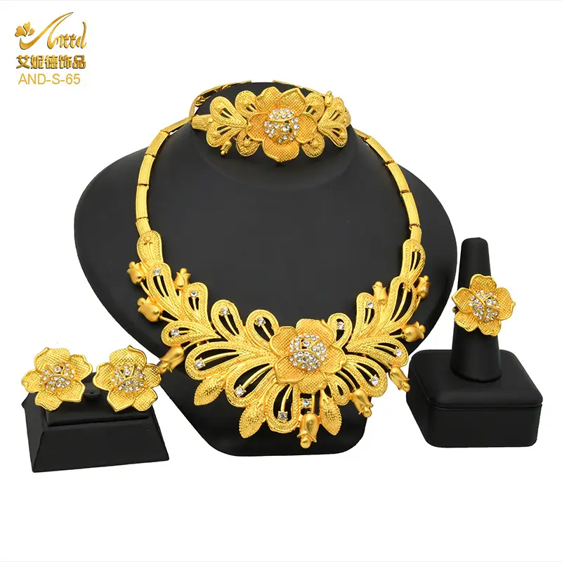 Cross-Border Dubai Middle Eastern Jewelry Set Bride Wedding Necklace Ring Earrings Bracelet Four-Piece Set Jewelry Wholesale