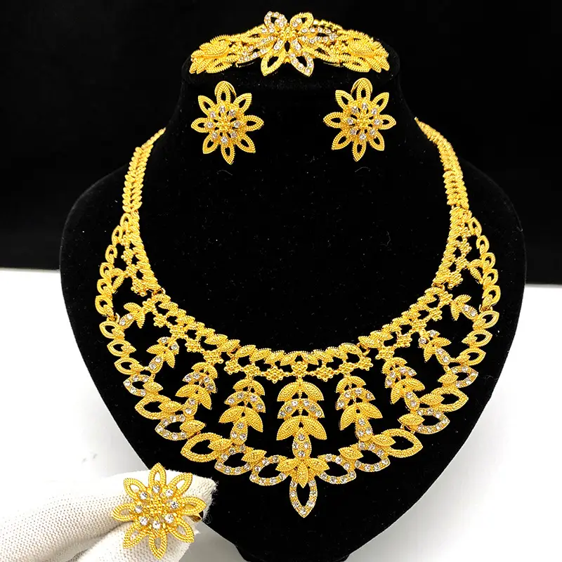 Cross-Border Dubai Middle Eastern Jewelry Set Bride Wedding Necklace Ring Earrings Bracelet Four-Piece Set Jewelry Wholesale