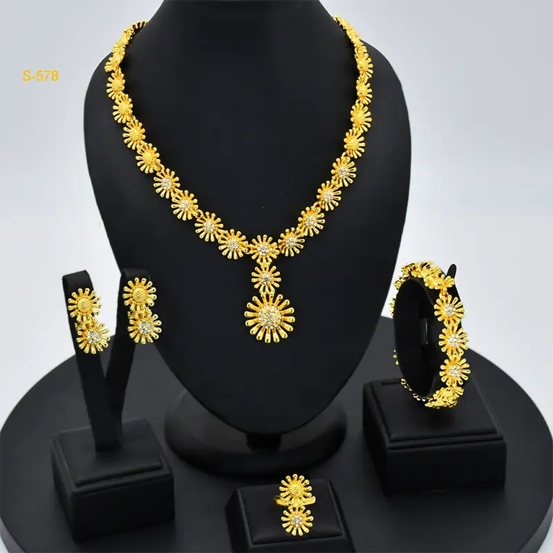 Cross-Border Dubai Middle Eastern Jewelry Set Bride Wedding Necklace Ring Earrings Bracelet Four-Piece Set Jewelry Wholesale