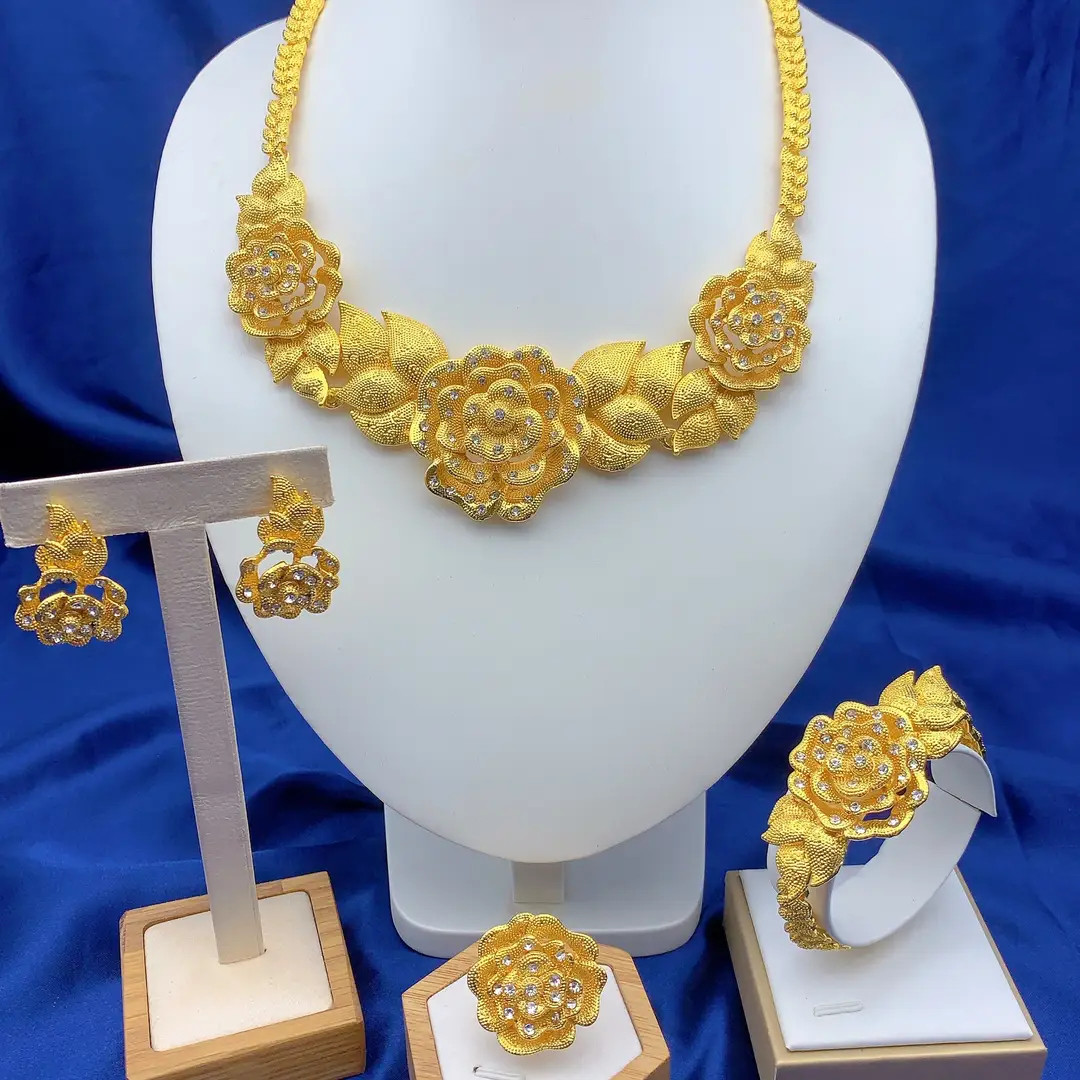 Cross-Border Dubai Middle Eastern Jewelry Set Bride Wedding Necklace Ring Earrings Bracelet Four-Piece Set Jewelry Wholesale