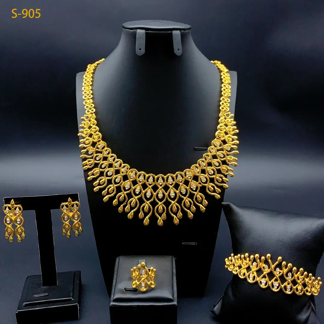 Cross-Border Dubai Middle Eastern Jewelry Set Bride Wedding Necklace Ring Earrings Bracelet Four-Piece Set Jewelry Wholesale