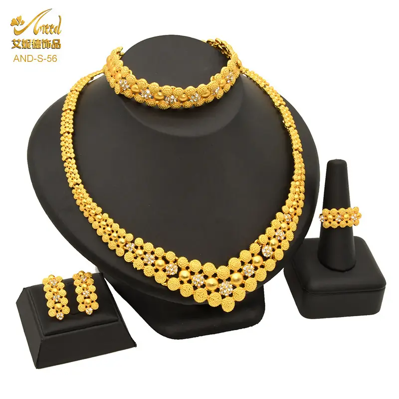 Cross-Border Dubai Middle Eastern Jewelry Set Bride Wedding Necklace Ring Earrings Bracelet Four-Piece Set Jewelry Wholesale