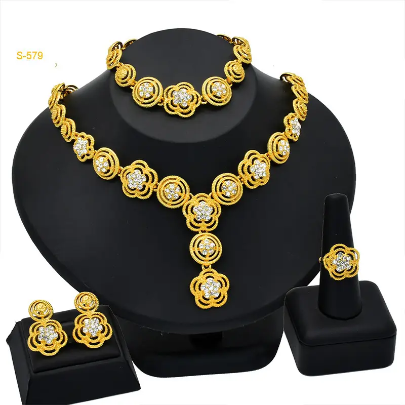 Cross-Border Dubai Middle Eastern Jewelry Set Bride Wedding Necklace Ring Earrings Bracelet Four-Piece Set Jewelry Wholesale