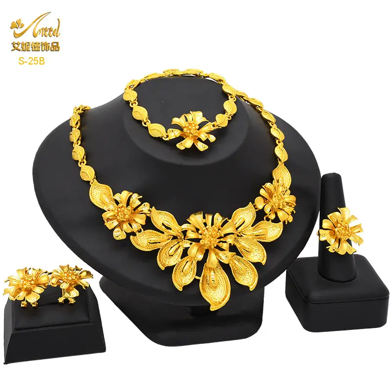 Cross-Border Dubai Middle Eastern Jewelry Set Bride Wedding Necklace Ring Earrings Bracelet Four-Piece Set Jewelry Wholesale