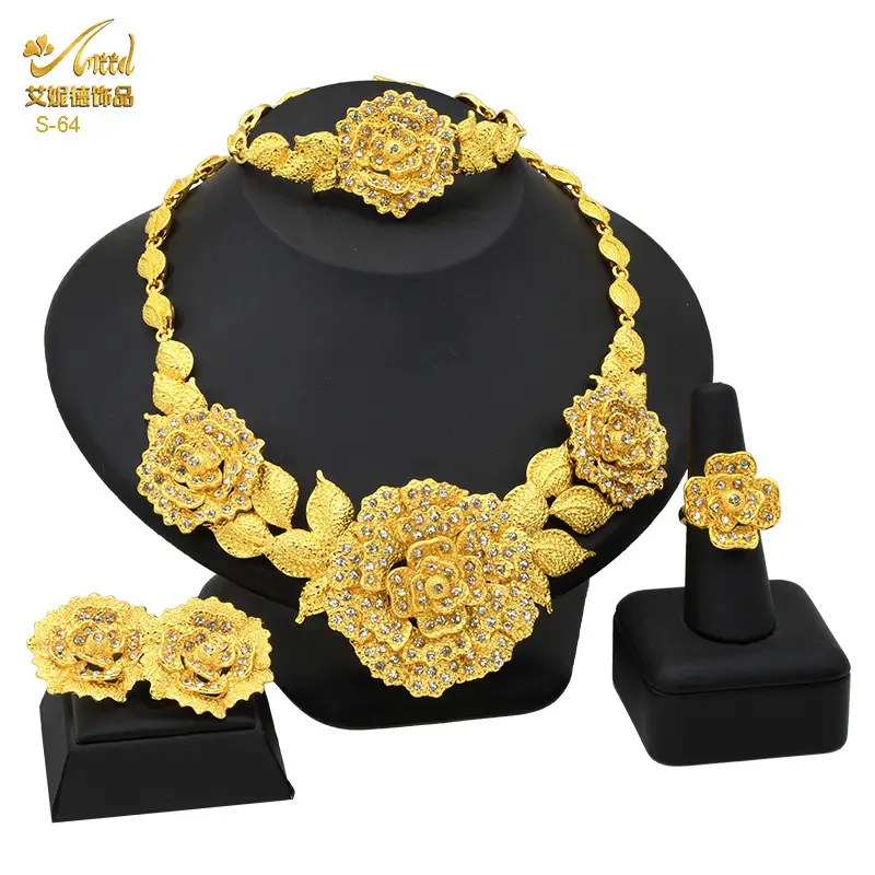 Cross-Border Dubai Middle Eastern Jewelry Set Bride Wedding Necklace Ring Earrings Bracelet Four-Piece Set Jewelry Wholesale