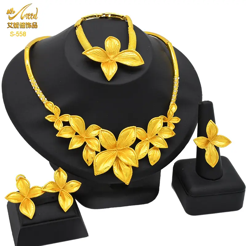Cross-Border Dubai Middle Eastern Jewelry Set Bride Wedding Necklace Ring Earrings Bracelet Four-Piece Set Jewelry Wholesale