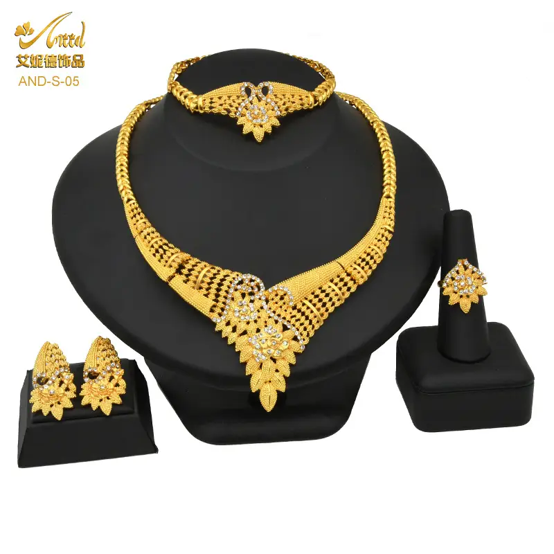 Cross-Border Dubai Middle Eastern Jewelry Set Bride Wedding Necklace Ring Earrings Bracelet Four-Piece Set Jewelry Wholesale