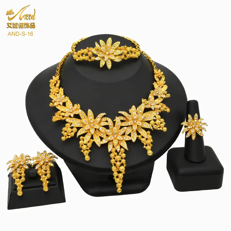 Cross-Border Dubai Middle Eastern Jewelry Set Bride Wedding Necklace Ring Earrings Bracelet Four-Piece Set Jewelry Wholesale