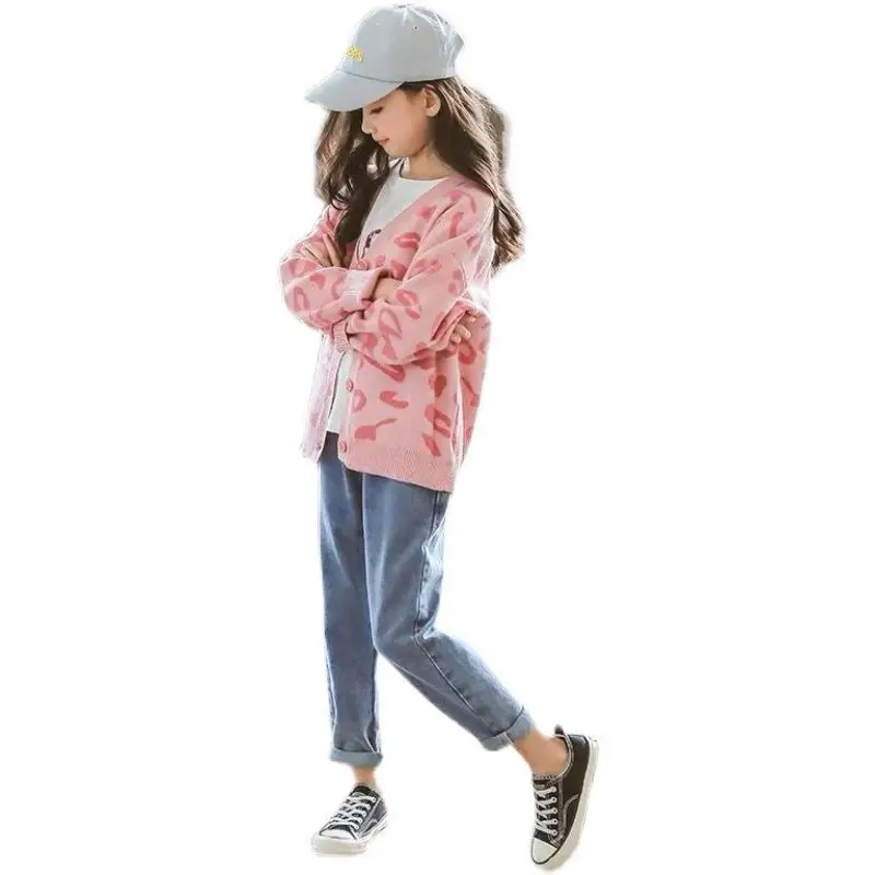 Girls Pink Leopard Print Cardigan Sweater New Medium Large