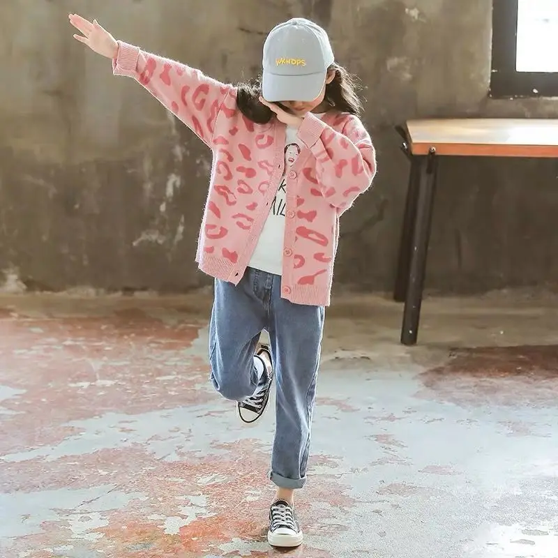Girls Pink Leopard Print Cardigan Sweater New Medium Large