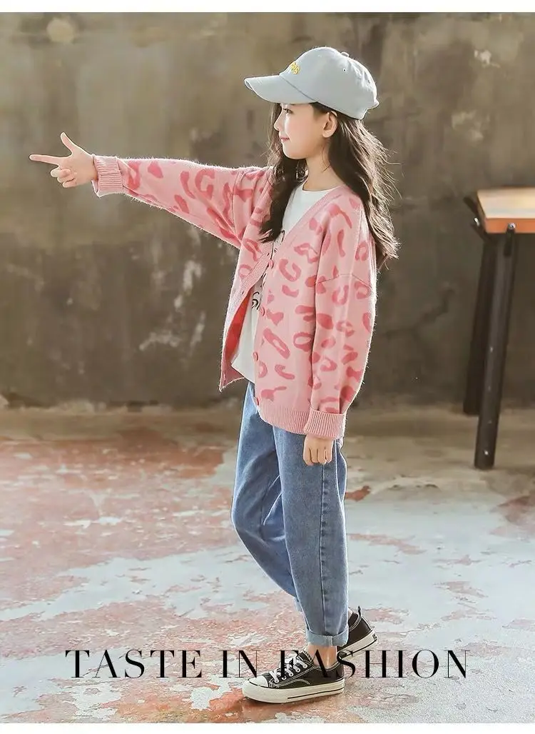 Girls Pink Leopard Print Cardigan Sweater New Medium Large — feature 10