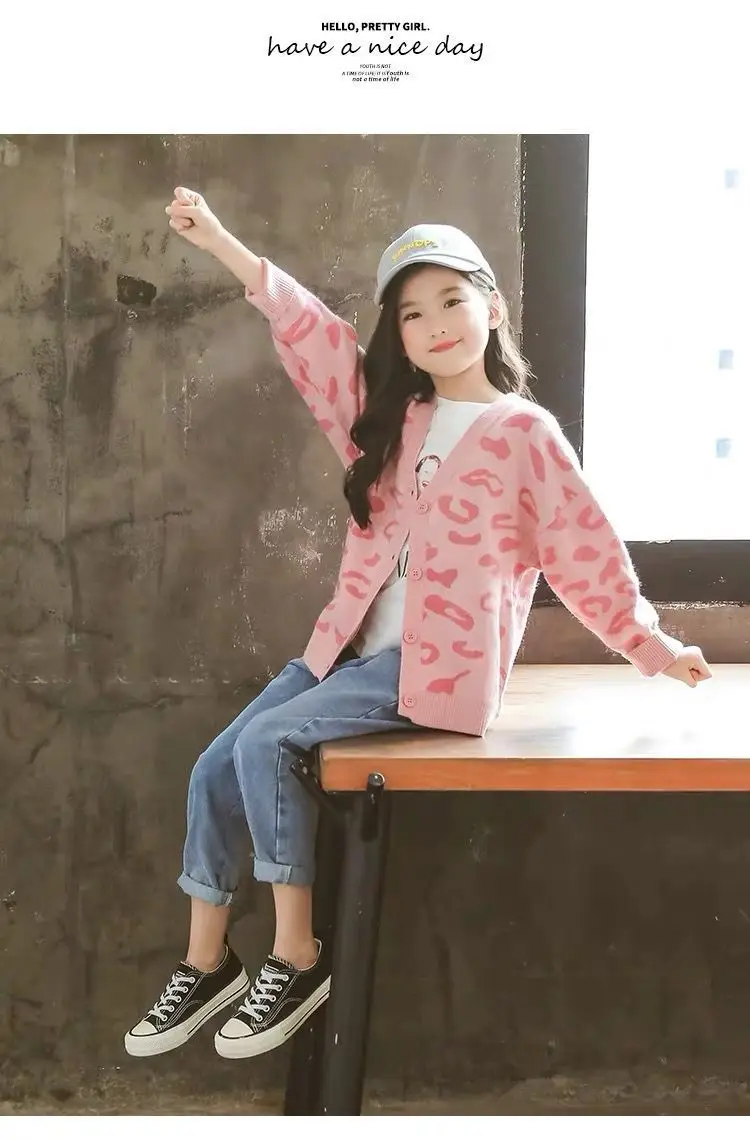 Girls Pink Leopard Print Cardigan Sweater New Medium Large — feature 11