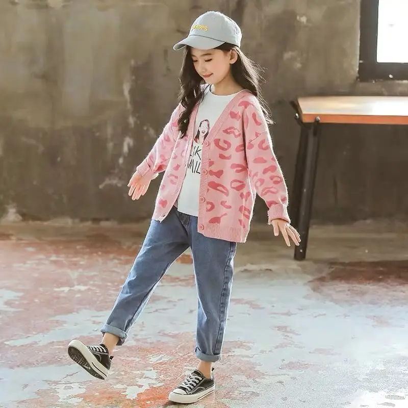 Girls Pink Leopard Print Cardigan Sweater New Medium Large — feature 17
