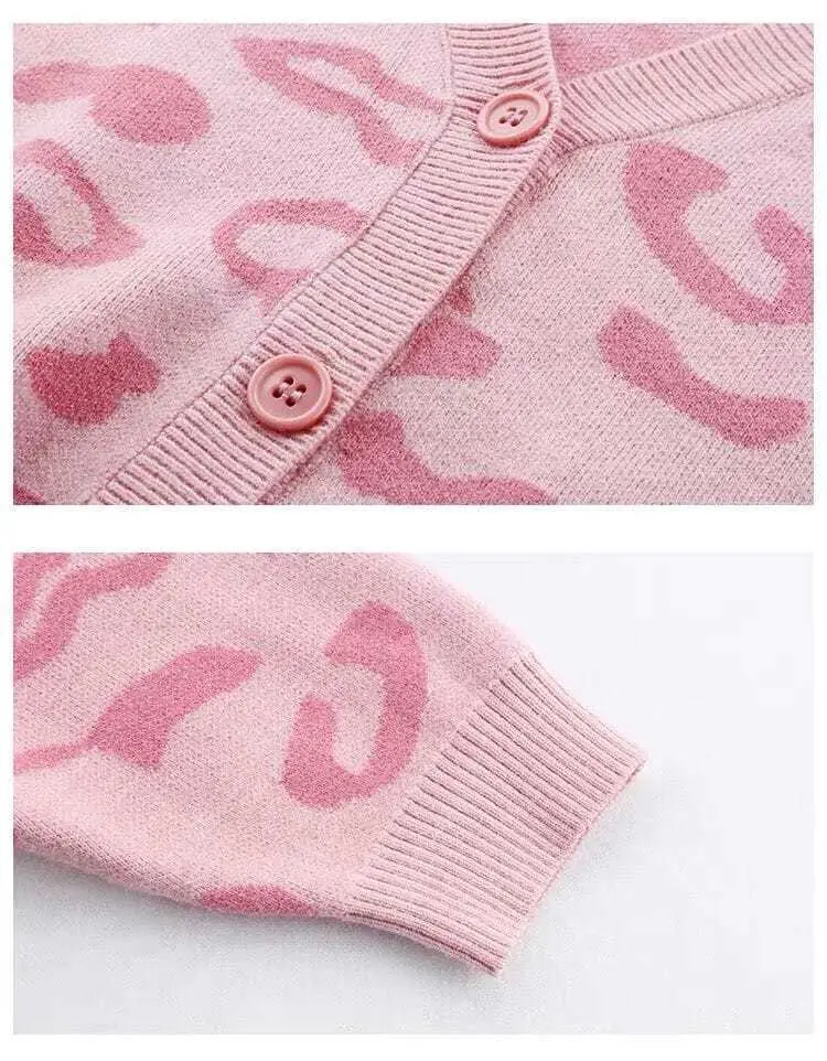 Girls Pink Leopard Print Cardigan Sweater New Medium Large — feature 4