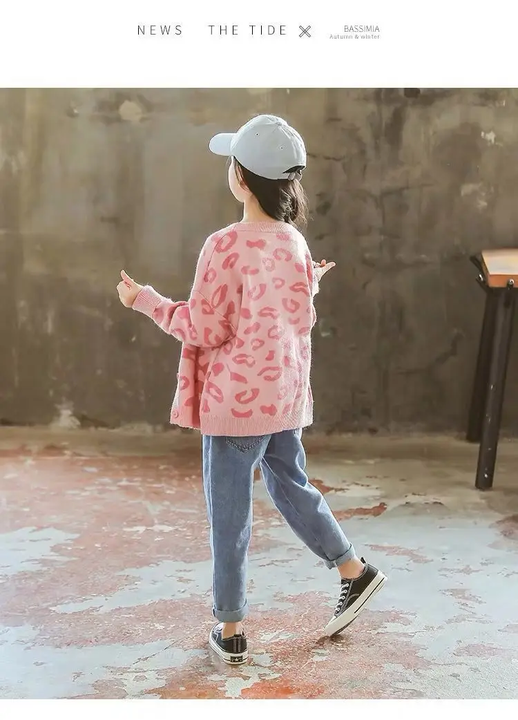 Girls Pink Leopard Print Cardigan Sweater New Medium Large — feature 5