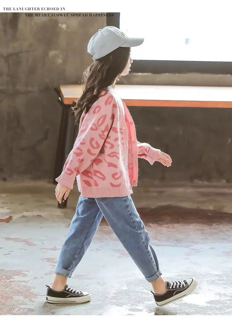 Girls Pink Leopard Print Cardigan Sweater New Medium Large — feature 7
