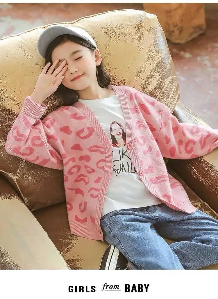 Girls Pink Leopard Print Cardigan Sweater New Medium Large — feature 9