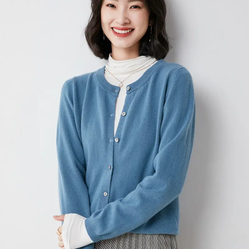 Women Blue Round Neck Cardigan Loose Coat Joker Small - Image 16