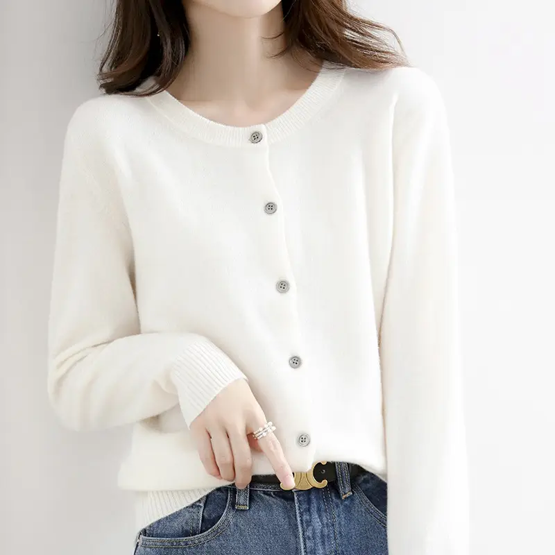 Women Blue Round Neck Cardigan Loose Coat Joker Small