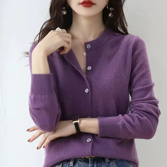 Women Blue Round Neck Cardigan Loose Coat Joker Small - Image 12