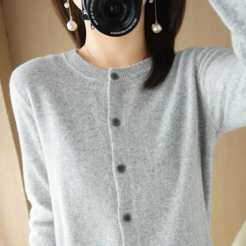 Women Blue Round Neck Cardigan Loose Coat Joker Small - Image 2
