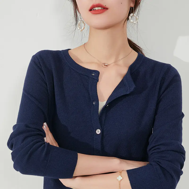 Women Blue Round Neck Cardigan Loose Coat Joker Small - Image 4