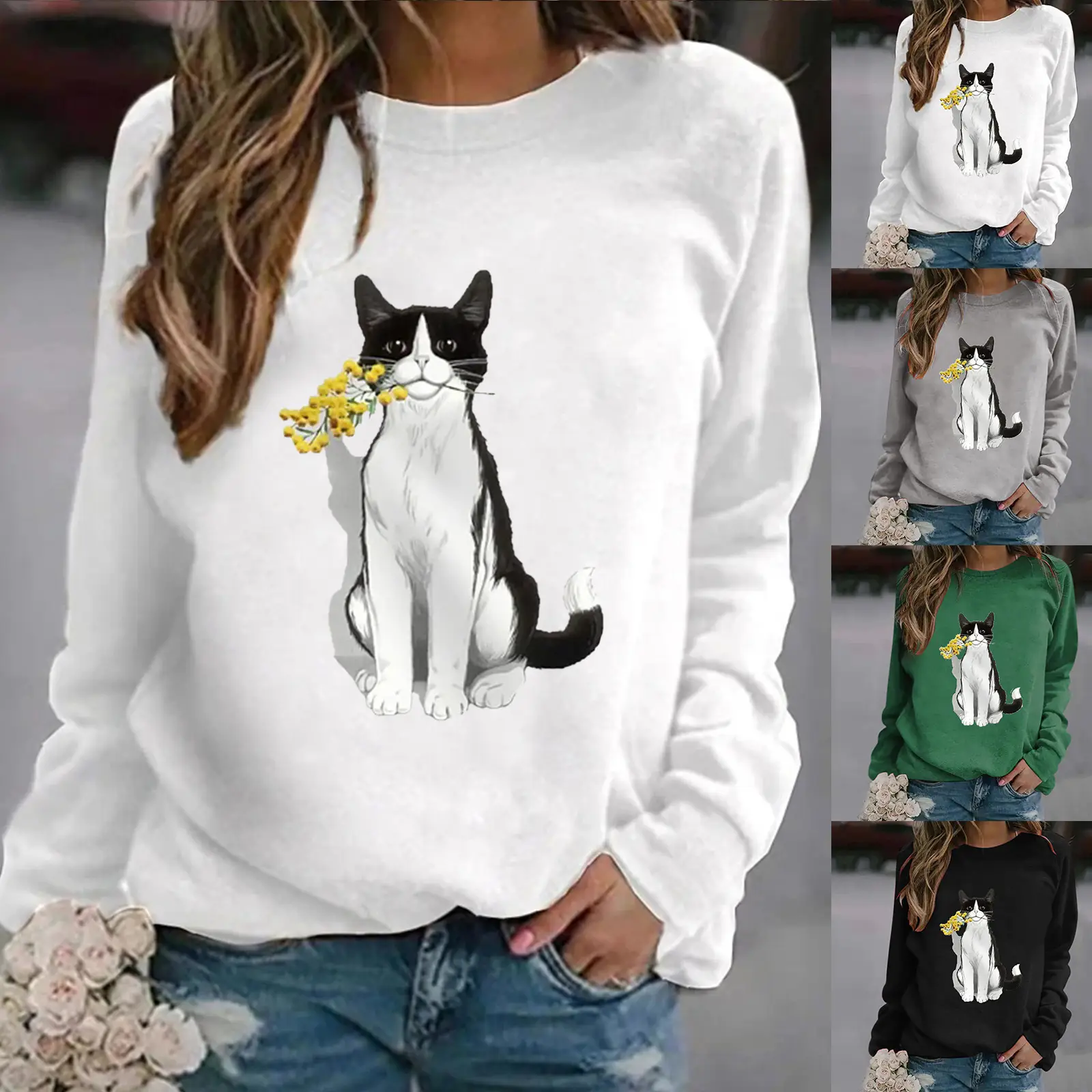 Women Green Cat Print Sweatshirt 2021 Spring Autumn - Image 5